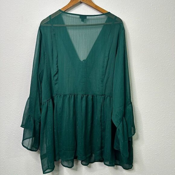 Torrid Green Semi Sheer Fairy Green Bell Sleeve V Neck Tassel Shimmer Top Sz 5X - Picture 10 of 15